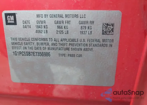 2014 Chevrolet Cruze 1Lt Auto из США, поврежденный, VIN 1G1PC5SB7E7356986